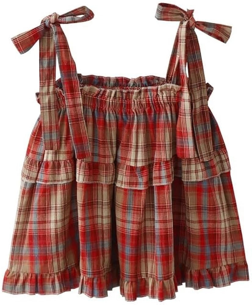 Women's Camisole Tank Tops Red Plaid Camisoles Women Vintage Ruffles Cute Girlish Cropped Tops Ho... | Amazon (US)