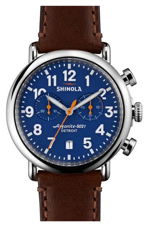 Shinola 'The Runwell Chrono' Leather Strap Watch, 41mm in Dark Brown/Blue/Silver at Nordstrom | Nordstrom