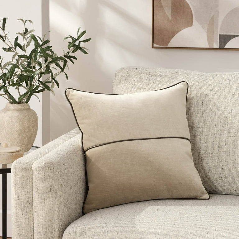 Mainstays 18" x 18" Beige Velvet With Faux Leather Trim Polyester Decorative Pillow | Walmart (US)