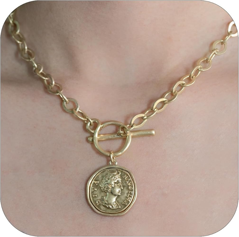 Chunky Gold Coin Pendant Necklace Trendy Layered Statement Chain for Women, Antique Toggle Design... | Amazon (US)