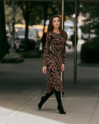 Zebra Crew Neck Long Sleeve Midi Sweater Dress | Express