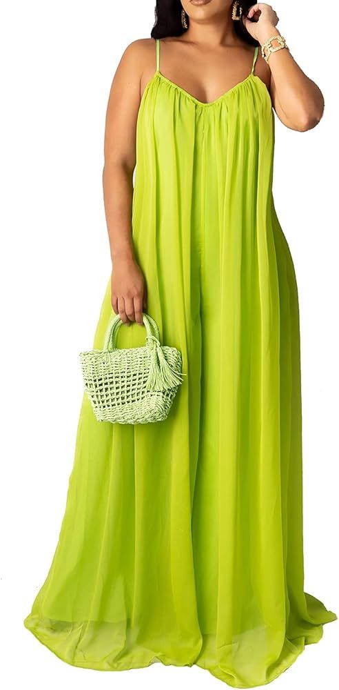 Womens Plus Size Sleeveless Long Flowy Chiffon Dresses Sexy Backless Evening Maxi Sundress | Amazon (US)