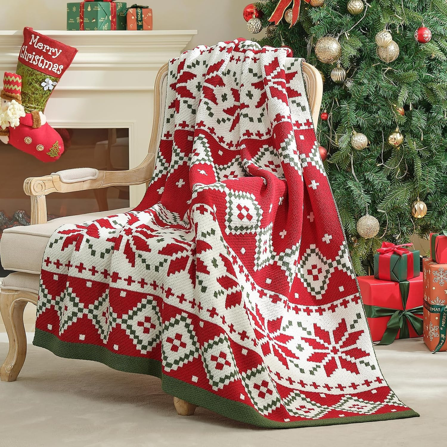 Amélie Home Christmas Knit Throw for Couch, Reversible Soft Cozy Chenille Blanket for Home Decor Gift for Family, 50" x 60", Christmas Fair Isle | Amazon (US)