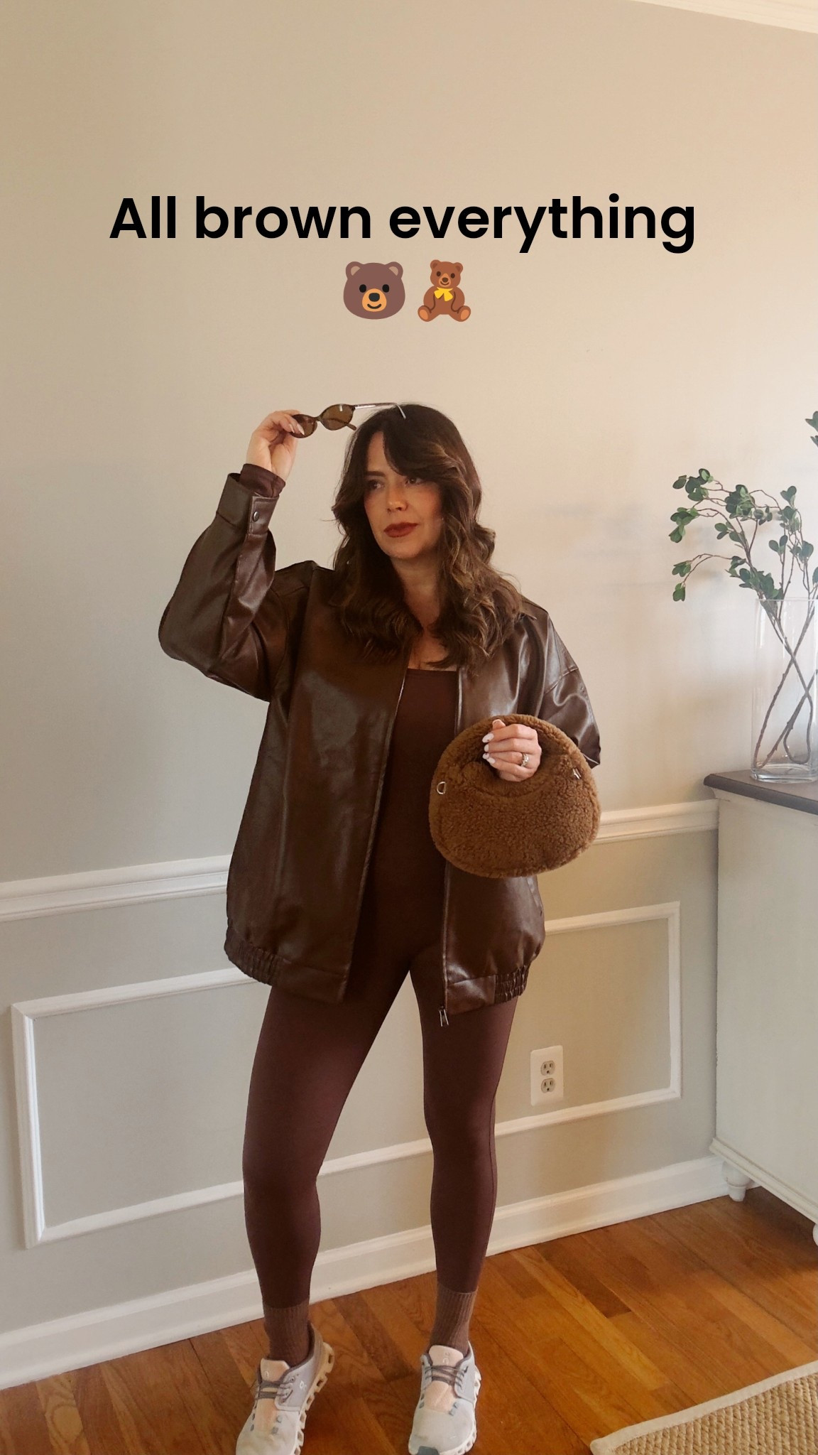 Love an all brown monochrome look ! All Amazon ! #onesie #leatherjacket #sherpa #falllooks 