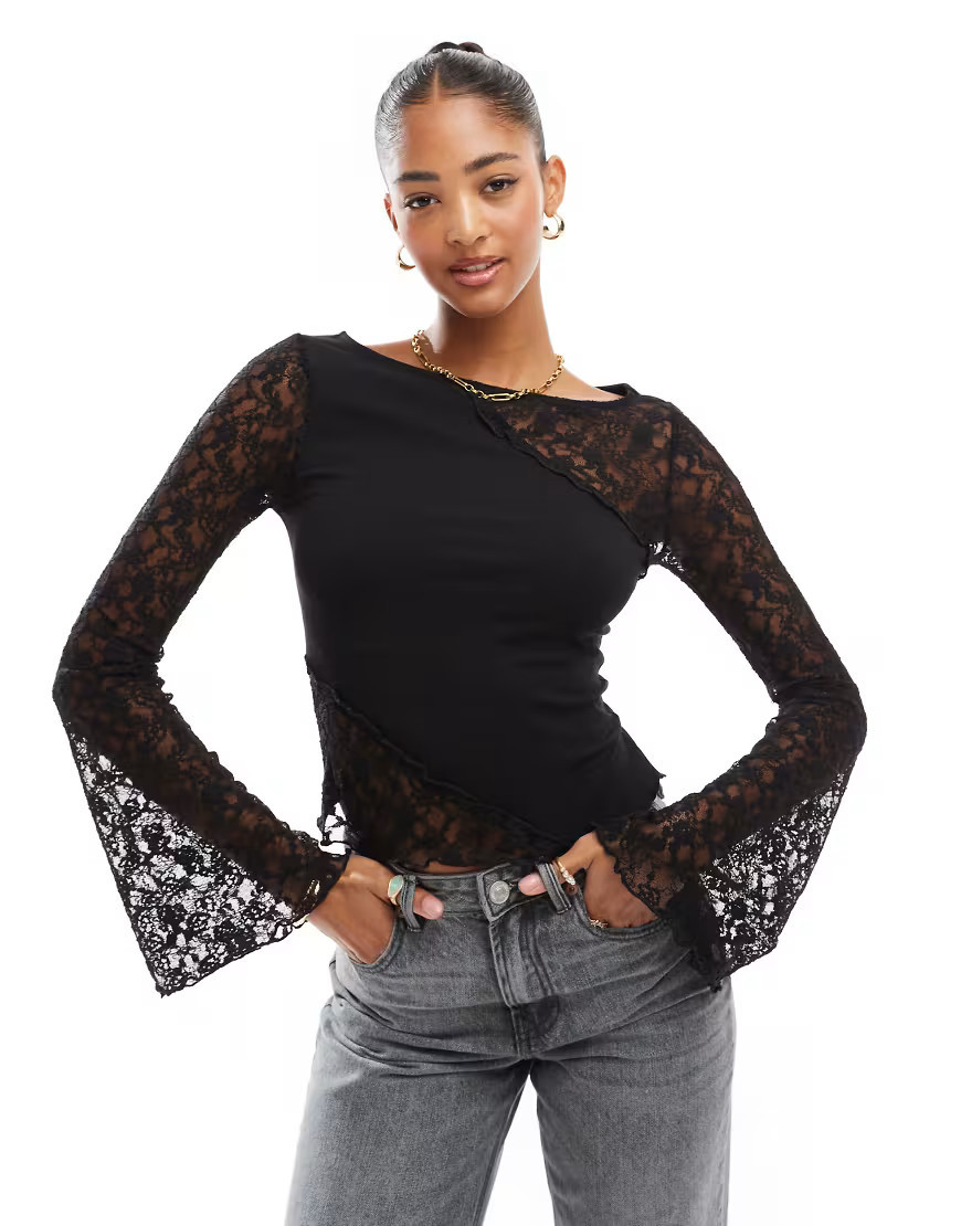 ASOS DESIGN angel sleeve seam detail lace top in black-White | ASOS (Global)