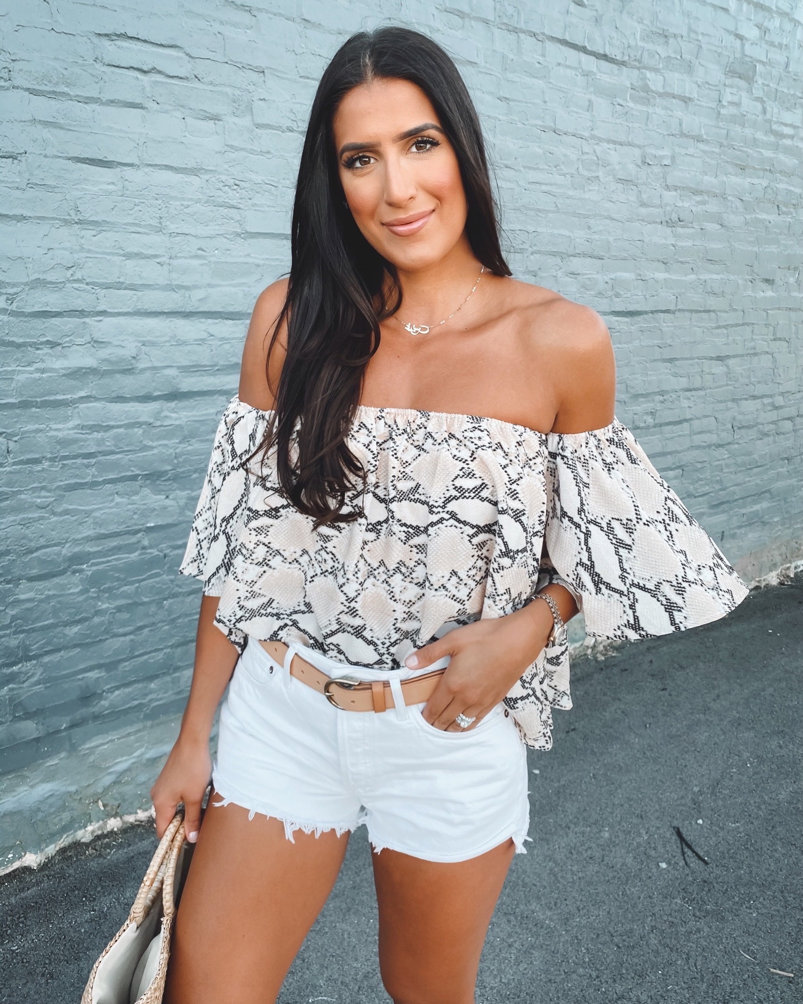 Summer outfit ideas - cute summer tops - off the shoulder top - white shorts for summer - white denim shorts - summer accessories - vacation outfit ideas - weekend outfits - snakeskin print top - purse ideas - tan belt - OOTD


#LTKunder50 #LTKSeasonal #LTKstyletip