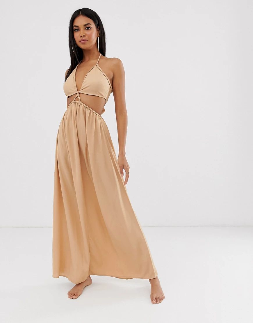 ASOS DESIGN beach maxi dress with cut out waist & plait strapping in neutral-Brown | ASOS (Global)