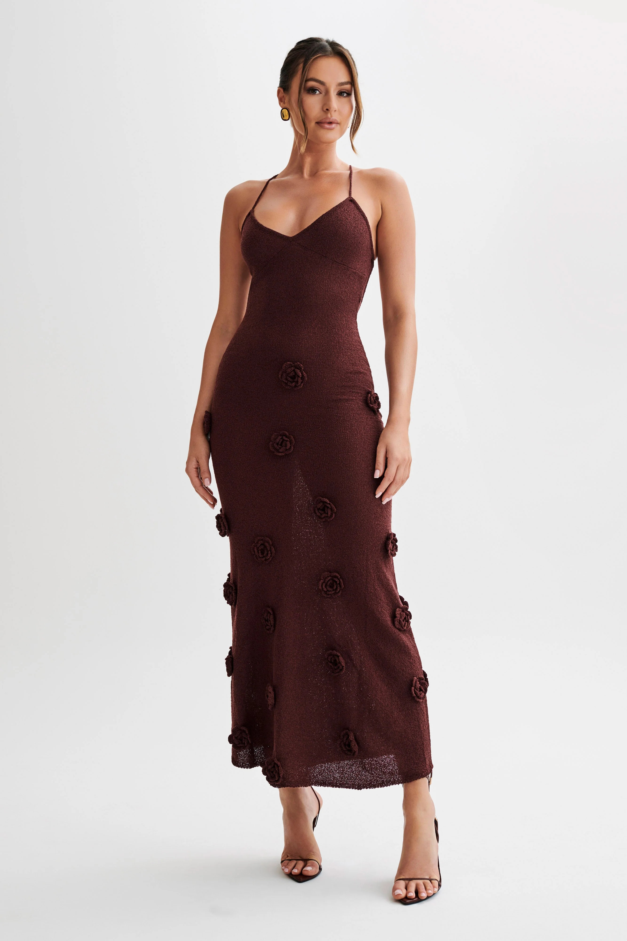 Suki Knit Maxi Dress With Flowers - Plum | MESHKI US