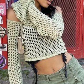 Long Sleeve Off-Shoulder Crochet Open-Knit Crop Sweater | YesStyle Global
