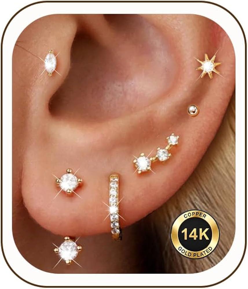 6 Pairs 14K Gold Plated Stud Earrings for Women, CZ Cartilage Stack Set | Amazon (US)