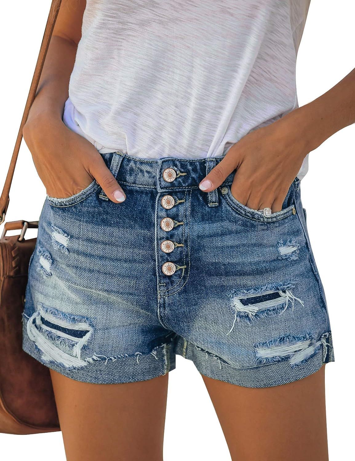 LookbookStore Women Summer Mid Waisted Cuffed Hem Buttons Denim Jean Shorts | Amazon (US)