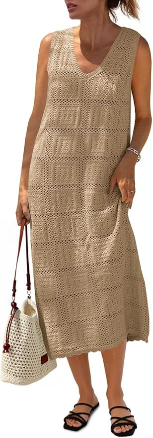 Fisoew Womens Crochet Sleeveless Dress Casual Summer V Neck Boho Knit Cover Up Beach Vacation Mid... | Amazon (US)