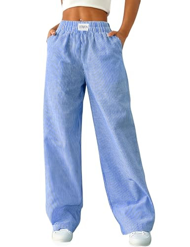 LOMON Womens Striped Wide Leg Boxers Pants Cotton Pajama Lounge Pj Casual Trousers Y2K Beach Bottoms with Pockets (Deep Blue Pinstripe, M) | Amazon (US)