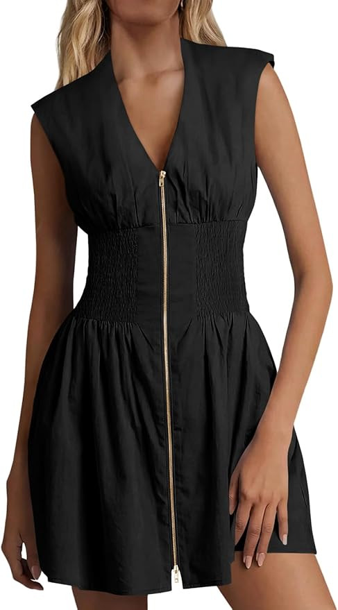 Fisoew Women's Sleeveless Casual Zip Dress Front V Neck Utility Summer Tank Mini Dresses with Poc... | Amazon (US)