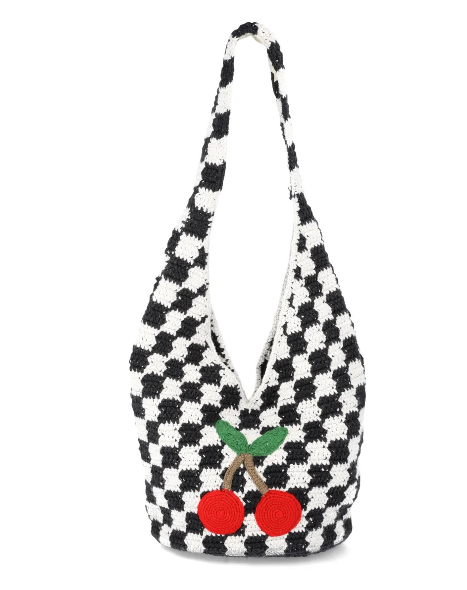 No Boundaries Festival Crochet Hobo Bag, Black/White Checker Cherries, Women's | Walmart (US)