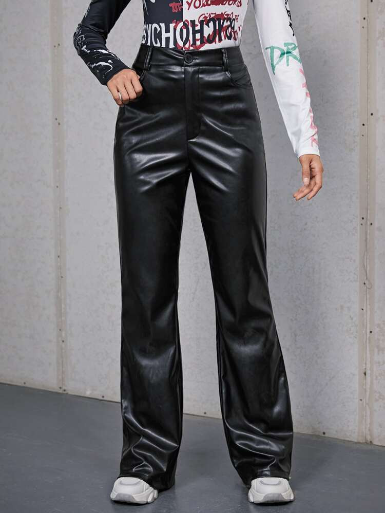 SHEIN CLUB PU Leather Flare Leg Pants | SHEIN