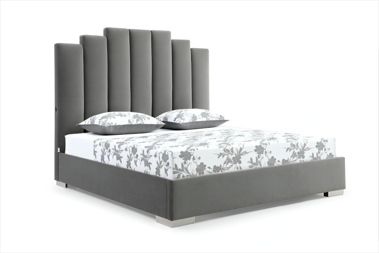 Queen Upholstered Vertical Channel Velvet Bed with USB In Grey | 1stopbedrooms