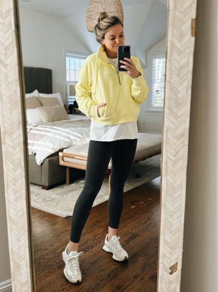 Casual bump outfit - love this yellow quarter zip! Only $25 and comes in several fun colors for spring. I sized up the medium & layered with a tee to fit the bump (would normally do size small) 

bump friendly, athleisure, pregnancy 

#LTKstyletip #LTKfindsunder50 #LTKbump