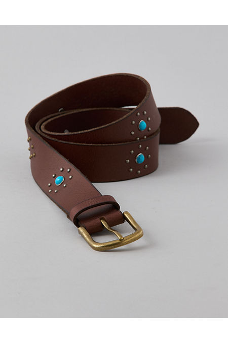 AE Studded Western Leather Belt Men's Brown 32 | American Eagle Outfitters (US & CA)