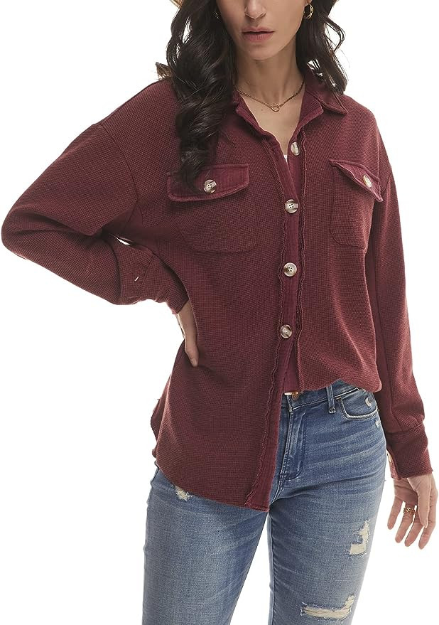Yanekop Womens Waffle Knit Shacket Boyfriend Shirt Jacket Button Down Blouse Loose Fit Long Sleev... | Amazon (US)