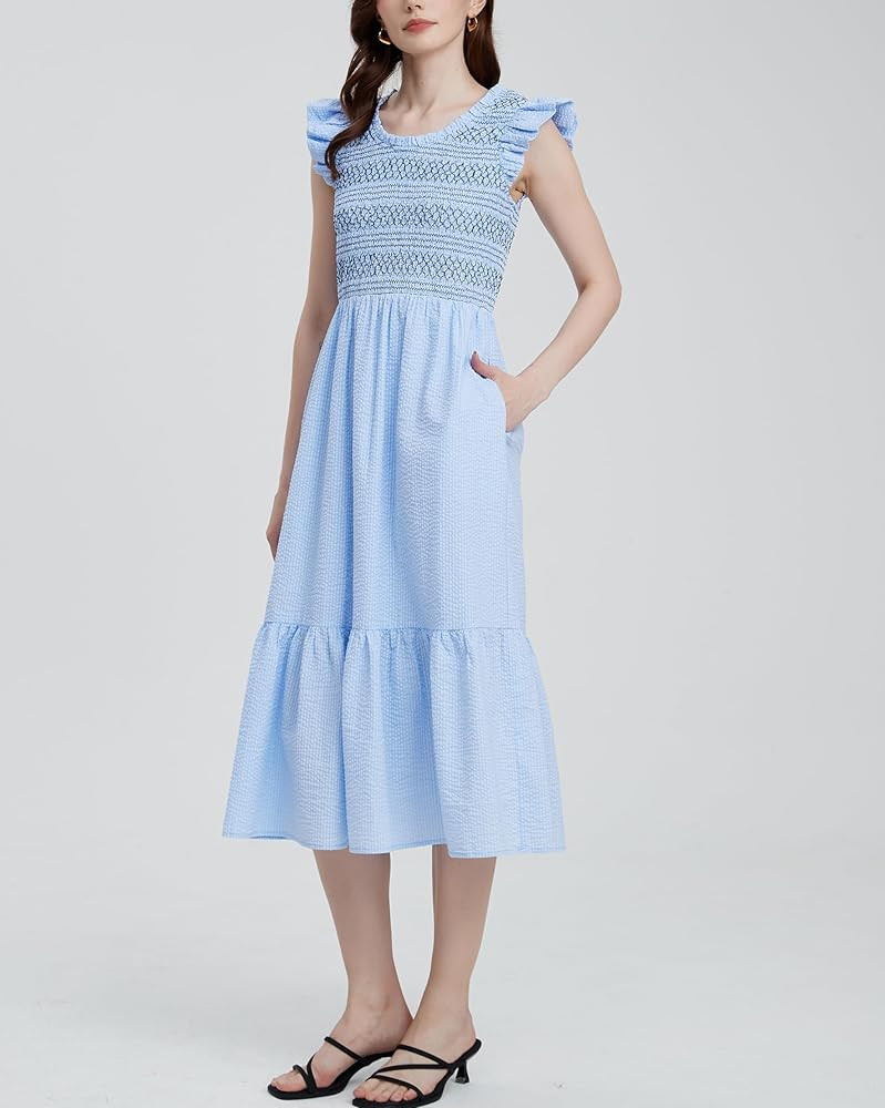 YEXPINE Women's 2026 Summer Embroidered Smocked Midi Dress Casual Crewneck Ruffle Sleeve Flowy Tiered Seersucker Dress | Amazon (US)