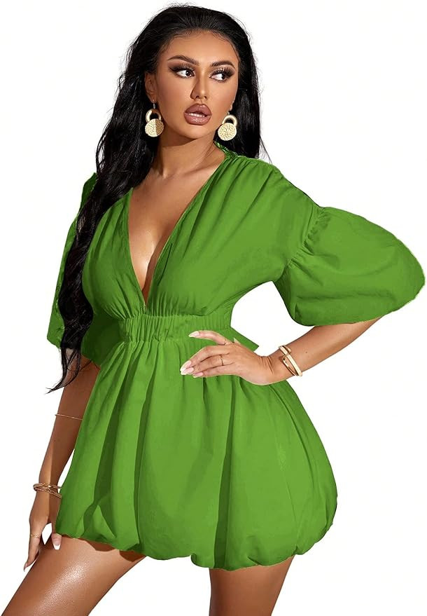 WDIRARA Women's Deep V Neck Puff Sleeve High Rise Flare Dress Elastic Waist Dress | Amazon (US)