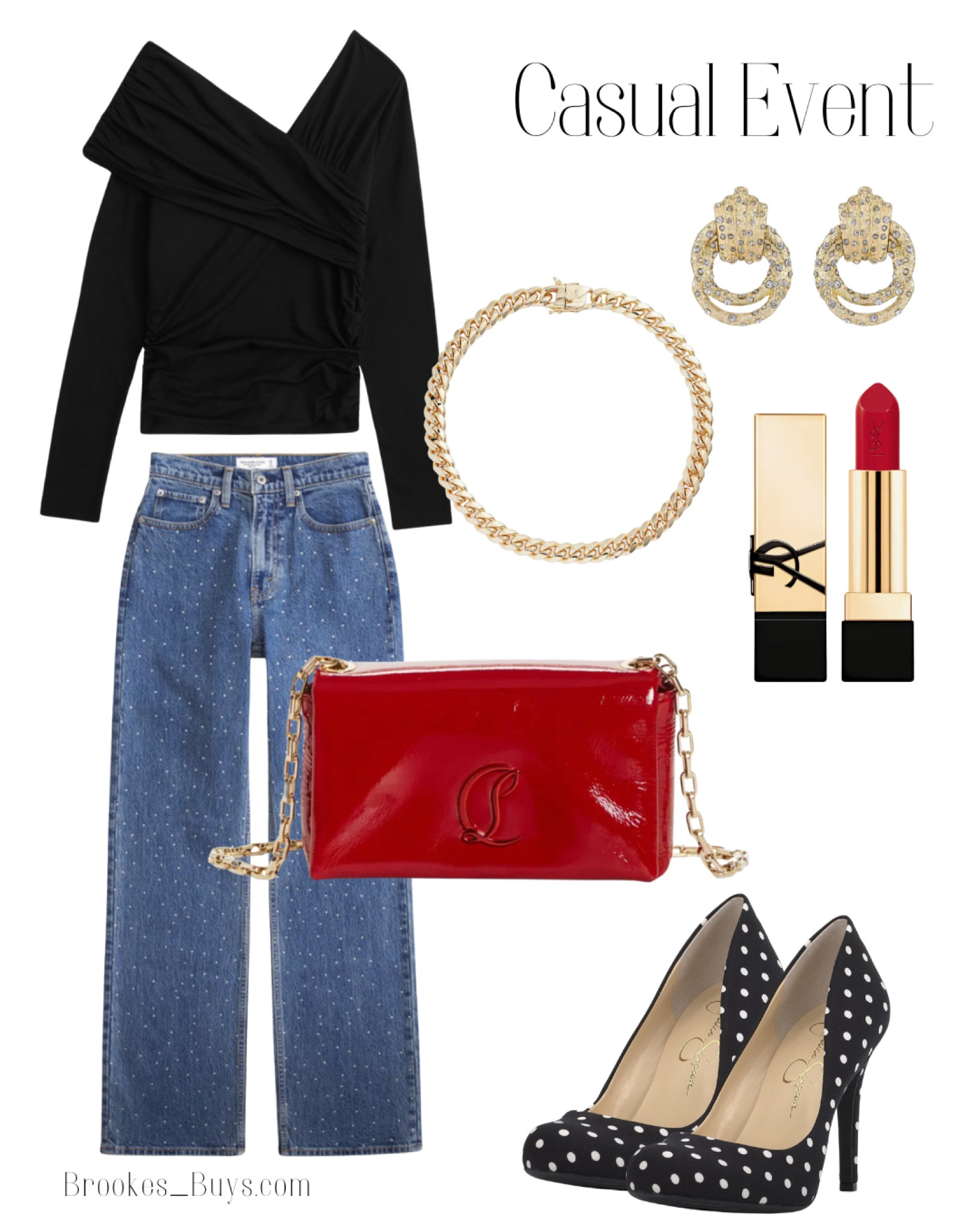 These embellished jeans are
Perfect for a casual holiday event. The red purse adds a touch of holiday  

#LTKParties #LTKStyleTip #LTKHoliday