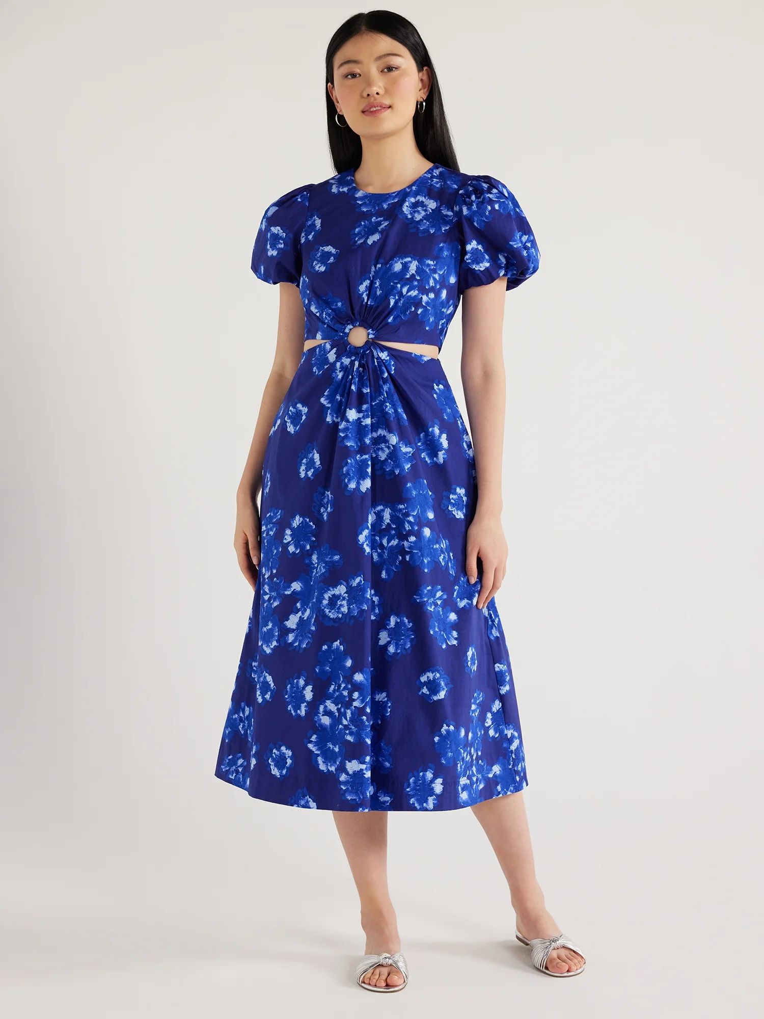 Scoop Women's Cut Out Midi Dress with Puff Sleeves, Sizes XS-XXL - Walmart.com | Walmart (US)