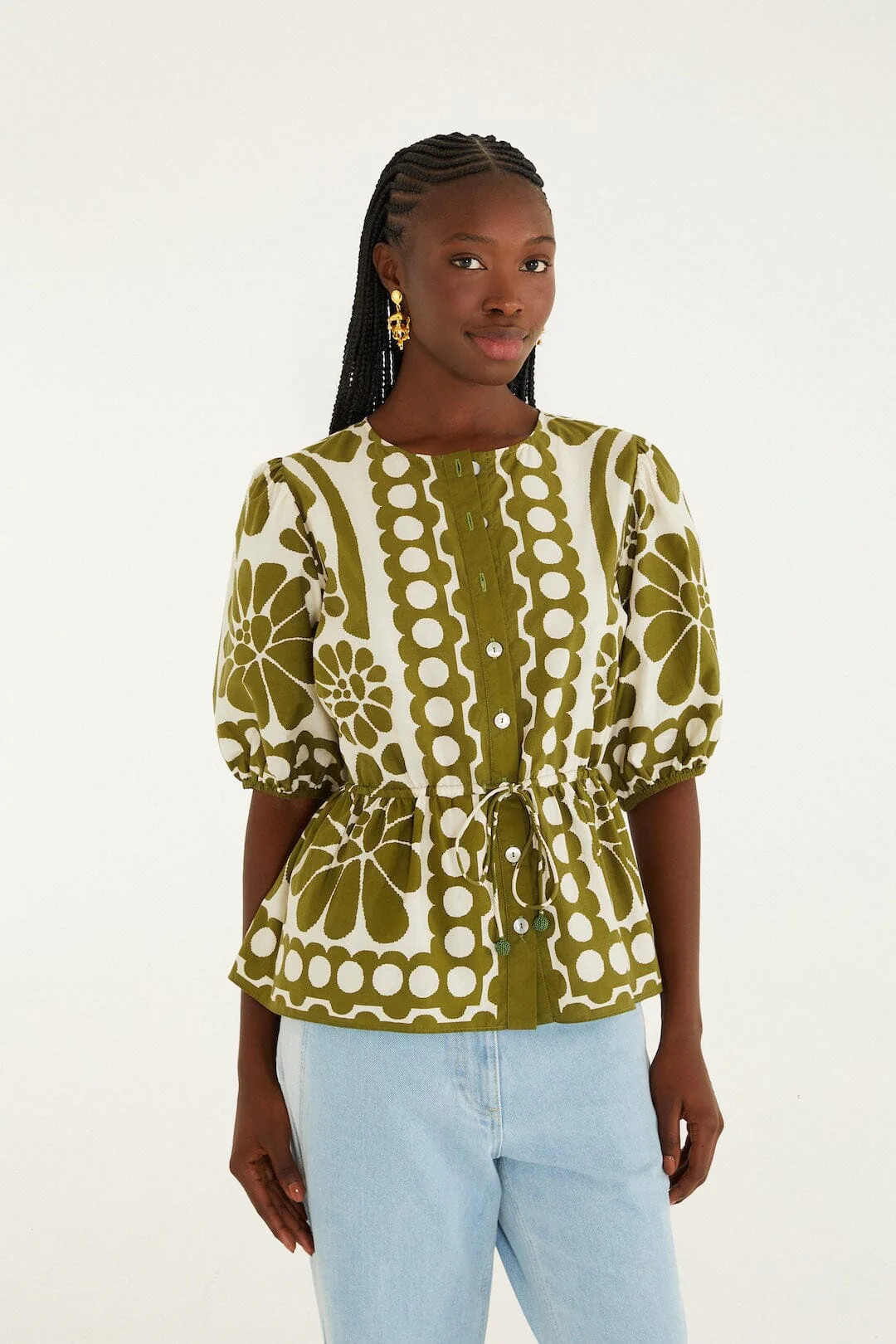 Green Palermo Drawstring Organic Cotton Blouse | FarmRio (US)