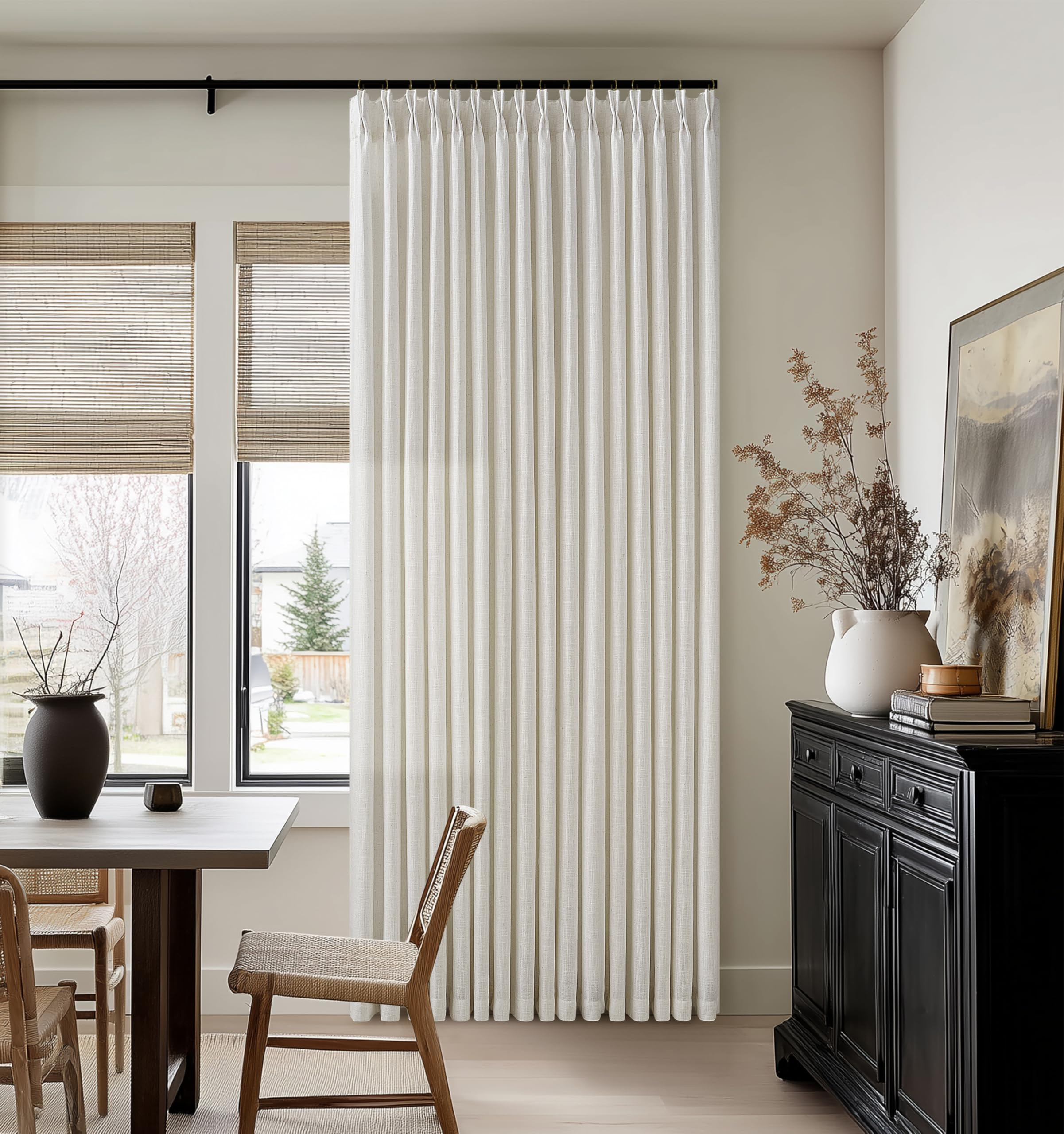 92 Inch Long Pinch Pleat Linen Curtains for Living Room 2 Panels Set Natural Cream Boho Semi Sheer Light Filtering Neutral 92 Inch Pleated Curtain with Rings Hooks Floor Ceiling Bedroom Window | Amazon (US)