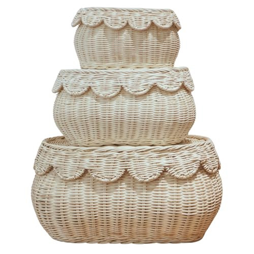 ChumDecor Scalloped Basket Set of 3 – Woven Seagrass Storage Baskets with Lids – Decorative Natural Bins Baskets for Organizing, Boho Home, Shelves, Bathroom Decor | Amazon (US)