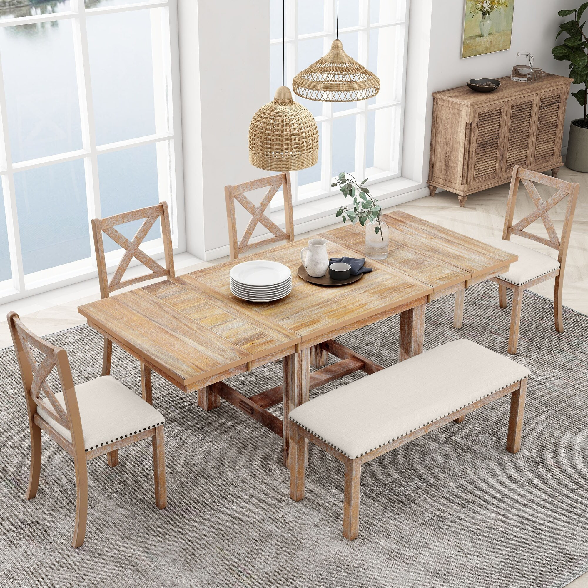 Farmhouse 6-Piece Dining Set Extendable Dining Table with 4 Upholstered Dining Chairs and Bench, Two 11"Removable Leaf, Natural | Bed Bath & Beyond