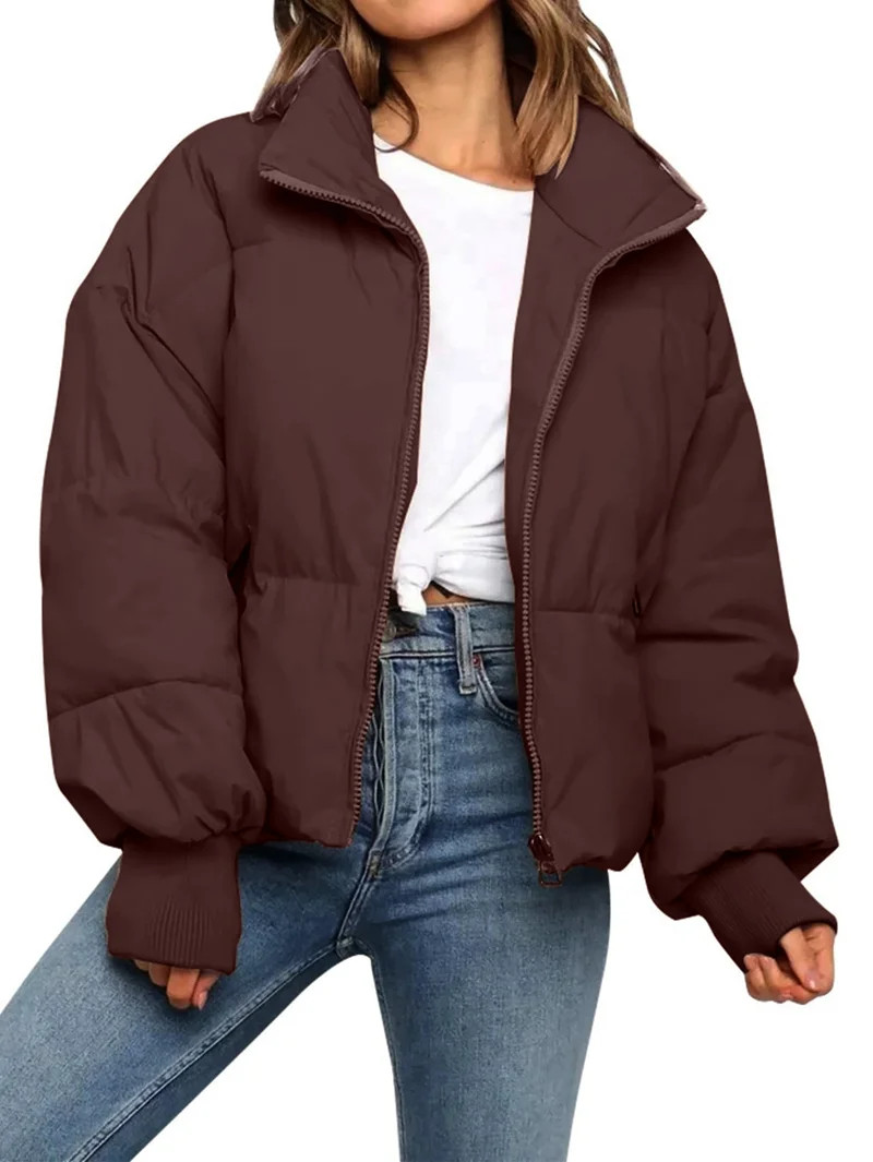 Women'S Winter Cropped Puffer Jacket Coat Short Warm Quilted Jacket Coffee L | Walmart (US)