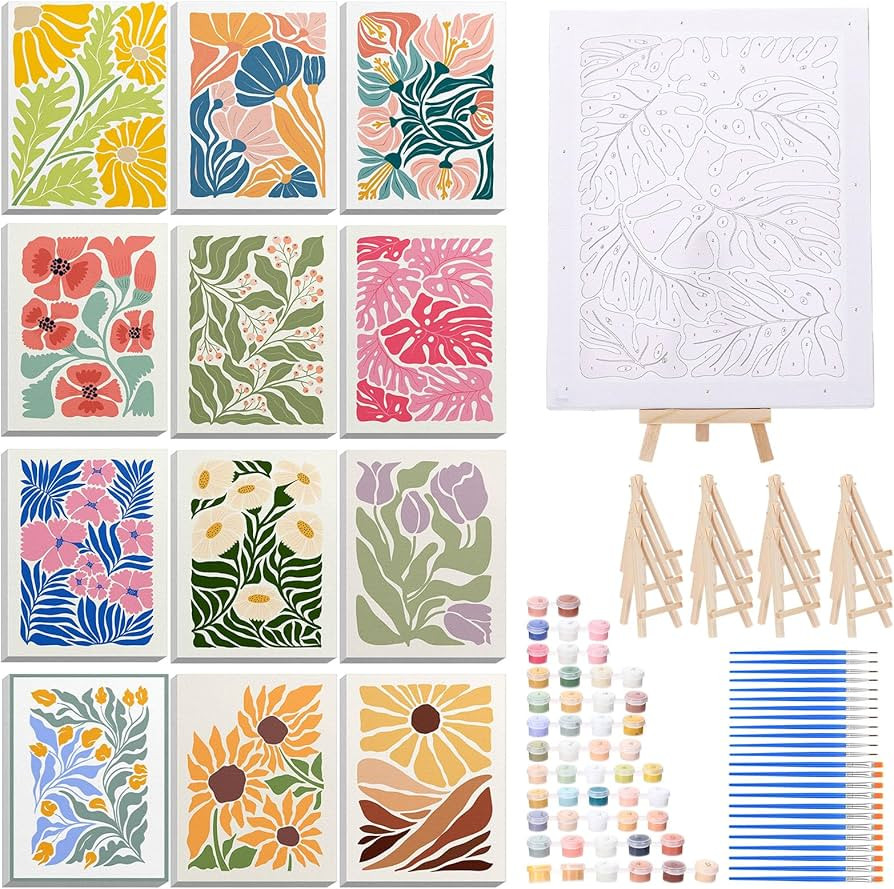 RoundFunny 12 Set Paint by Numbers Kit for Adults Simple Flowers Painting 8x10 Inch with Wooden F... | Amazon (US)