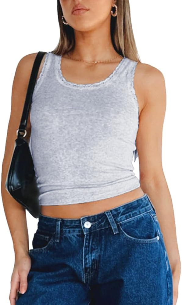 Dressmine Womens Summer Casual Sleeveless Crop Tops Trendy Going Out T Shirt Cute Round Neck Knit... | Amazon (US)