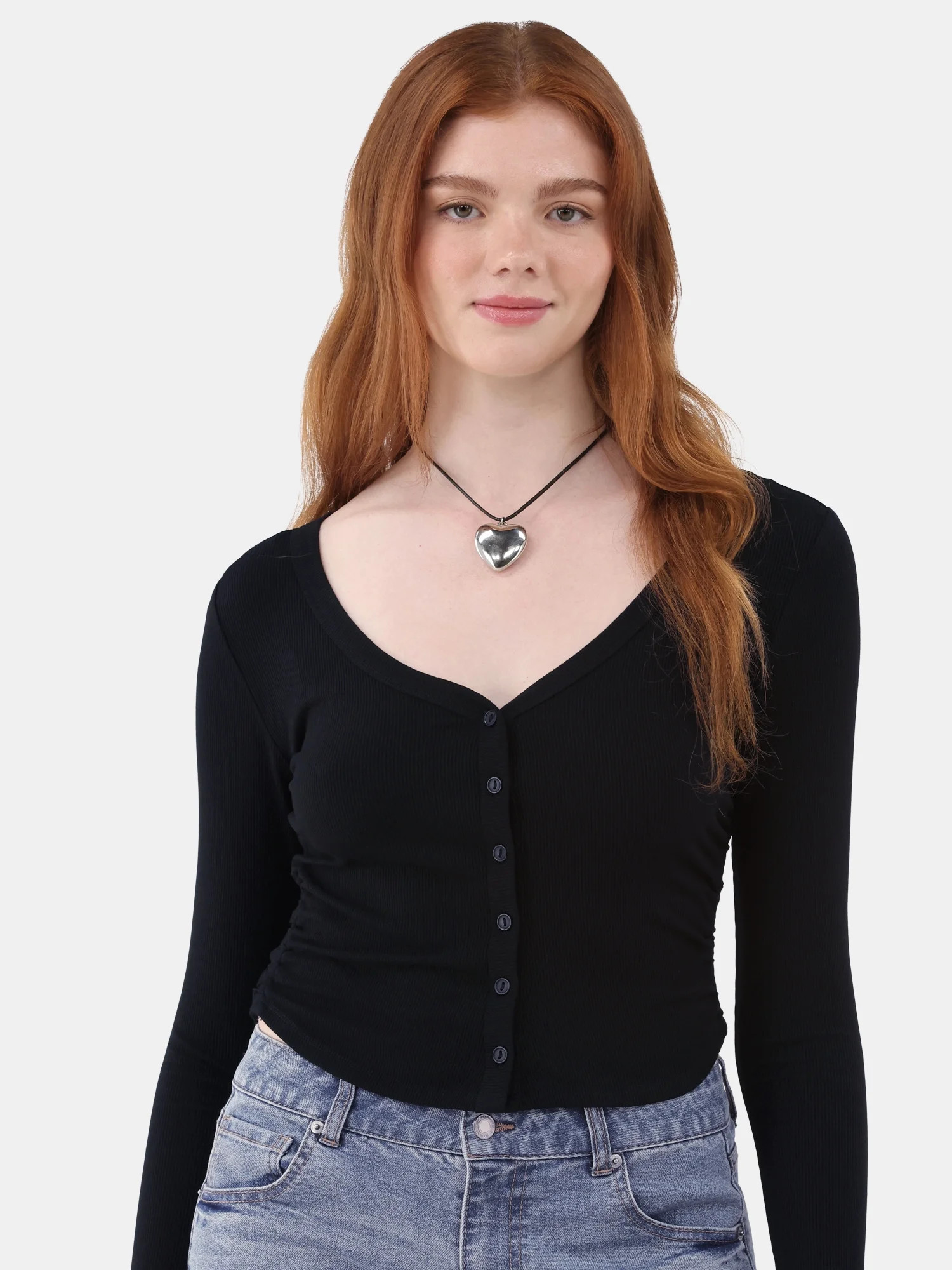 No Boundaries Button Front Top with Long Sleeves, Women's and Women's Plus | Walmart (US)