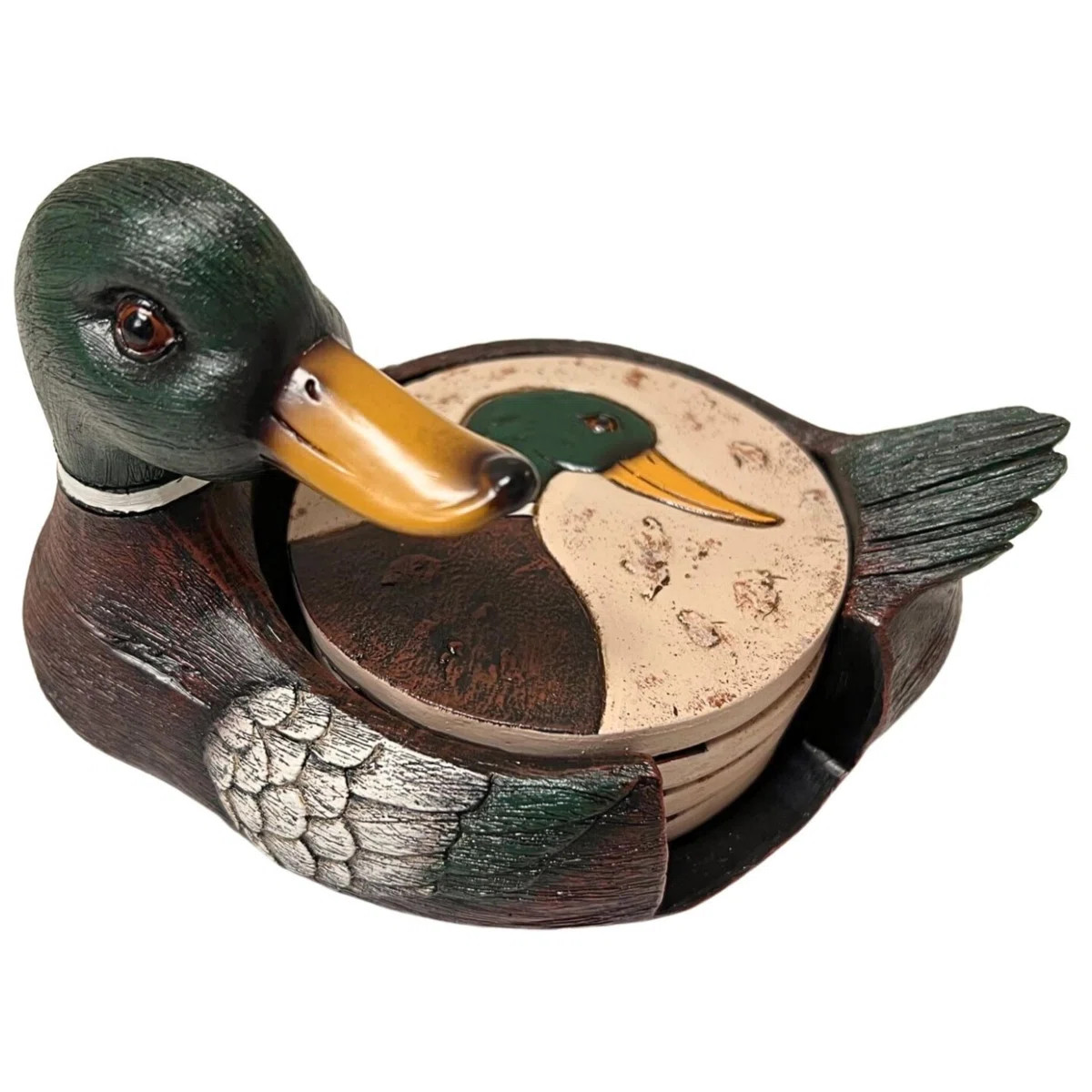 Polyresin Mallard Duck Rustic Woodland Hunting Themed Coaster 4-Piece Set with Decorative Holder | Wayfair North America