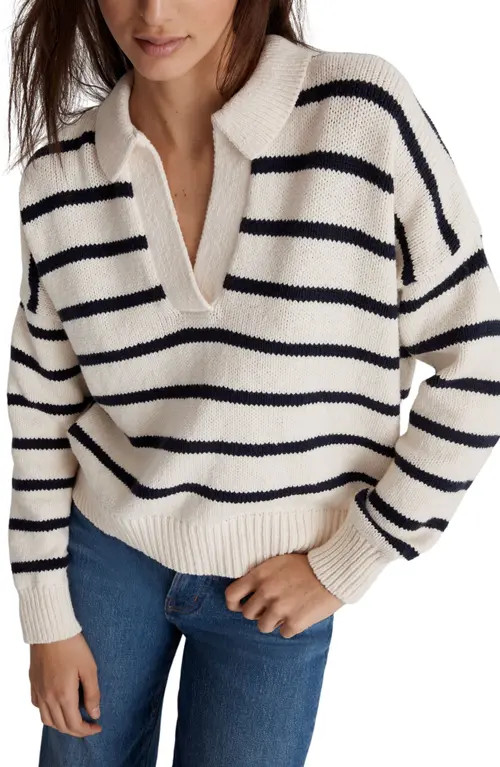 Madewell Dedham Stripe Polo Sweater in Antique Cream at Nordstrom, Size Xx-Large | Nordstrom