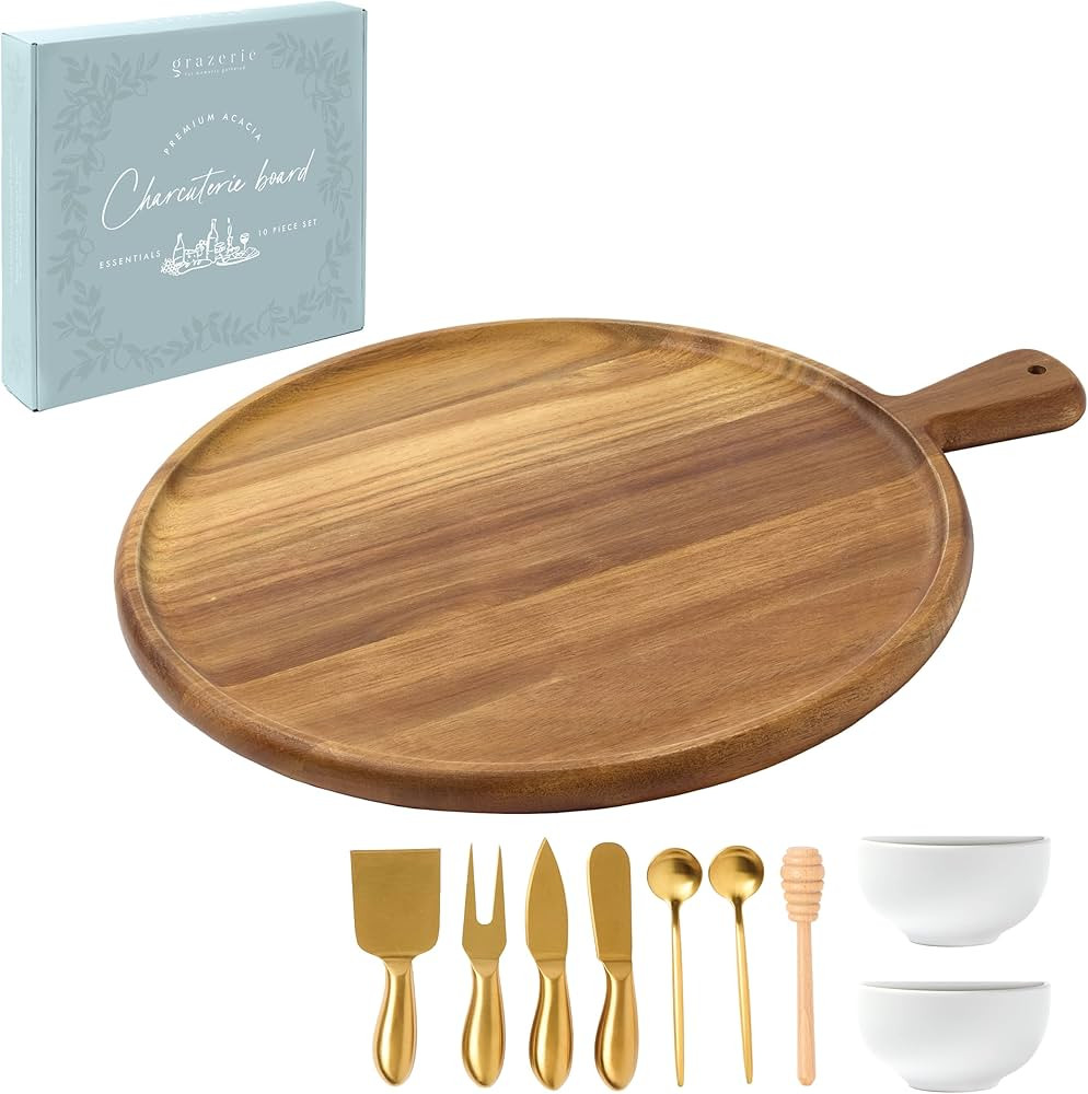 Charcuterie Board Gift Set - Acacia Round Serving Tray with Handle and Complete Knife Set with Bo... | Amazon (US)