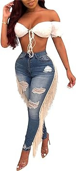 Lucuna Women's High Waisted Ripped Jeans Cut Out Destroyed Frayed Tassels Distressed Denim Pants | Amazon (US)