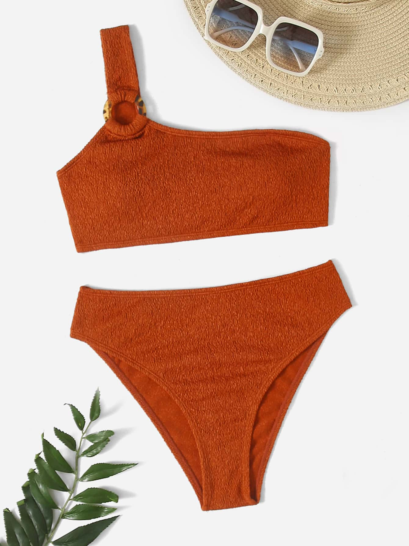 O-ring Detail Textured One Shoulder High Waist Bikini Swimsuit | SHEIN