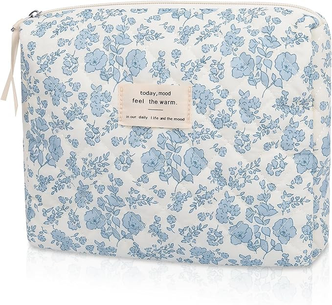 Blue Floral Quilted Makeup Bag, Cute Cotton Cosmetic Case for Women, Floral Travel Toiletry Organ... | Amazon (US)