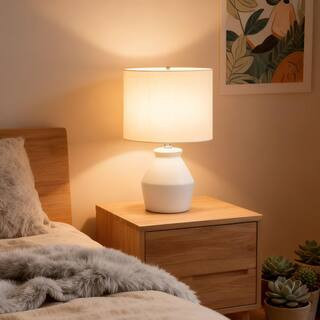 17 in. White 1-Light Ceramic Architect Table Lamp with Ivory Drum Shade, Modern Accent for Bedroom Living Room Office | The Home Depot