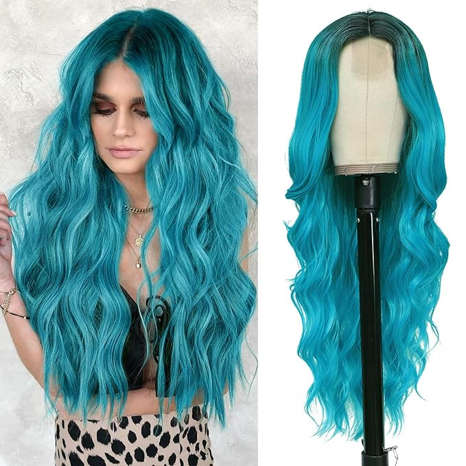 NAYOO Long Ombre Bluish Green Wavy Wig for Women 26 Inch Middle Part Curly Wavy Wig Natural Looki... | Amazon (US)