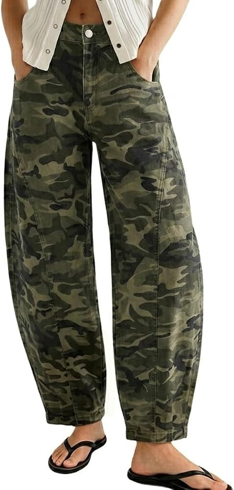 chouyatou Women's Distressed Barrel Jeans Y2K Camouflage Print Wide Leg Jeans High Waisted Denim ... | Amazon (US)