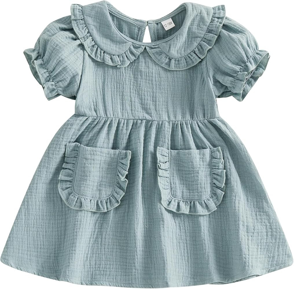 VISGOGO Toddler Baby Girl Dress Linen Long Sleeve Solid Color Girls 12 18M 2T 3T 4T 5T Dresses wi... | Amazon (US)