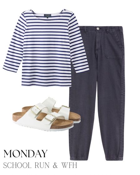School run outfit, casual outfit 

Breton top 
Chino joggers 
Outfits with Birkenstocks 

#LTKuk #LTKover50style #LTKstyletip