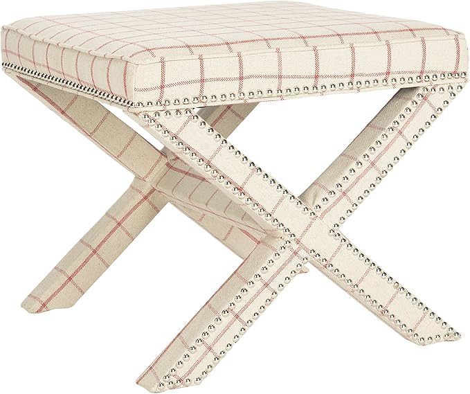 Safavieh Home Collection Palmer Taupe and Red with Brass Nailhead Trim X-Bench Ottoman | Amazon (US)