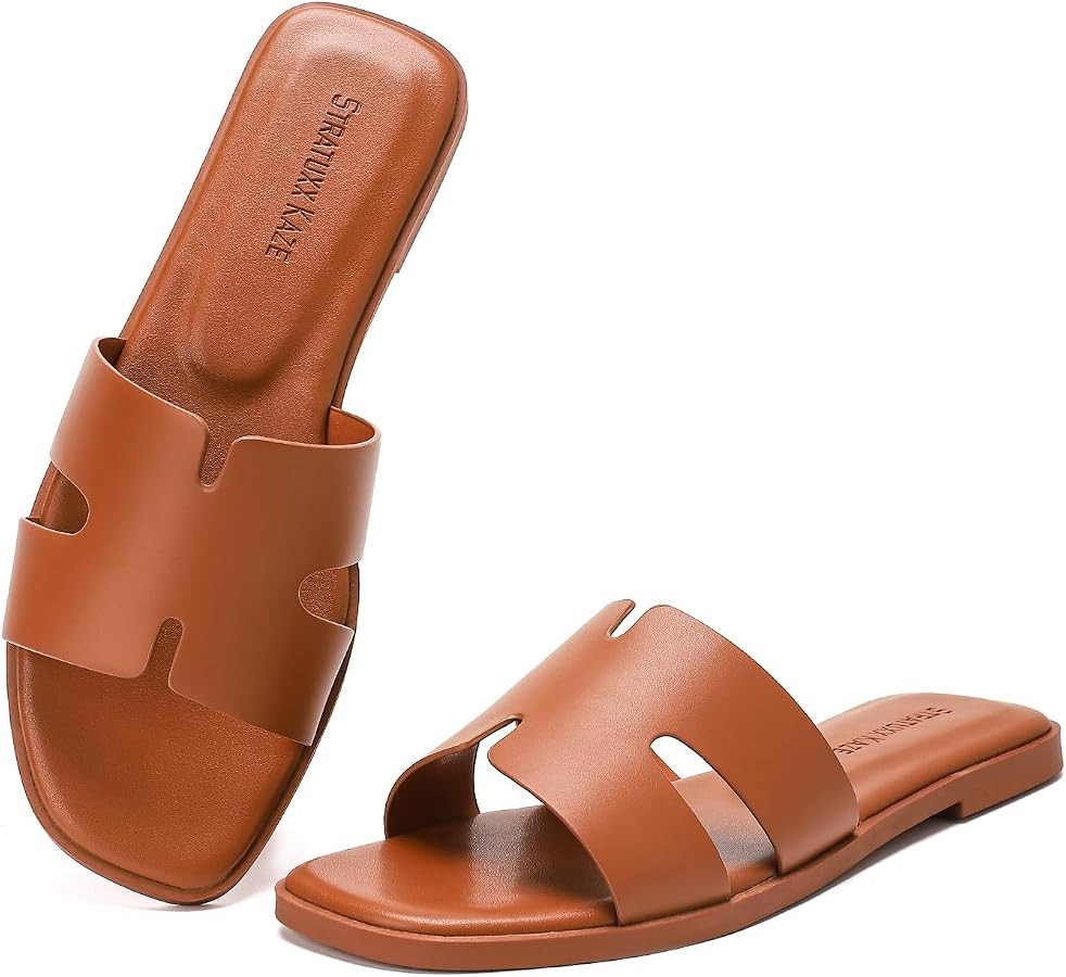 Stratuxx Kaze Open Toe Flat Dress Sandals Womens Slide Comfortable Summer Black, White, Tan Sanda... | Amazon (US)
