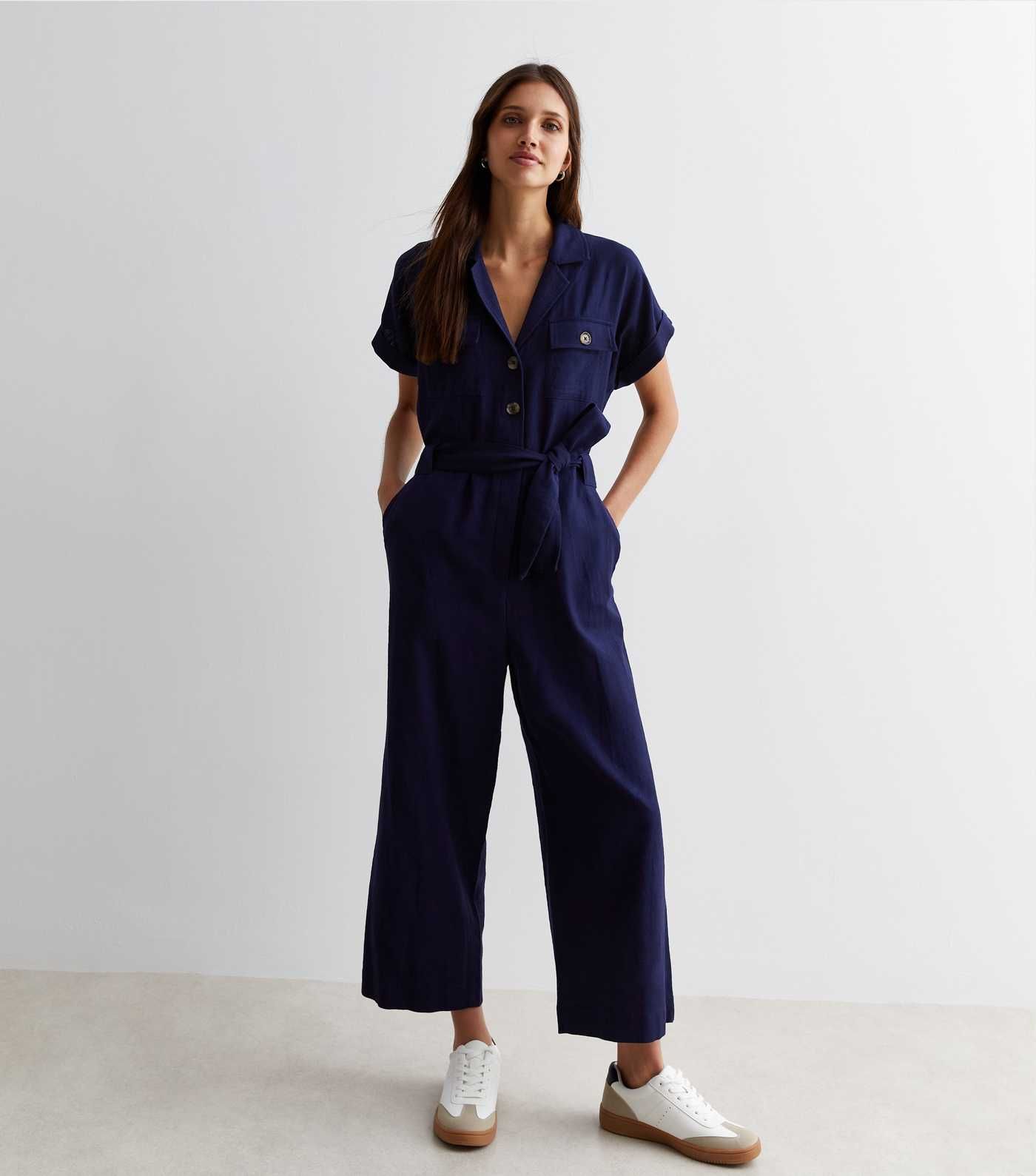 Navy Short Sleeve Belted Utility Jumpsuit  | New Look | New Look (UK)